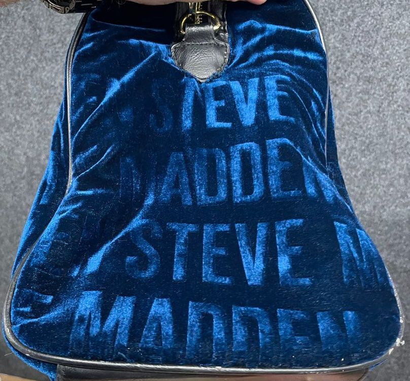 Steve Madden Royal Blue Velvet Logo Weekender Duffel Bag Travel Gold Hardware