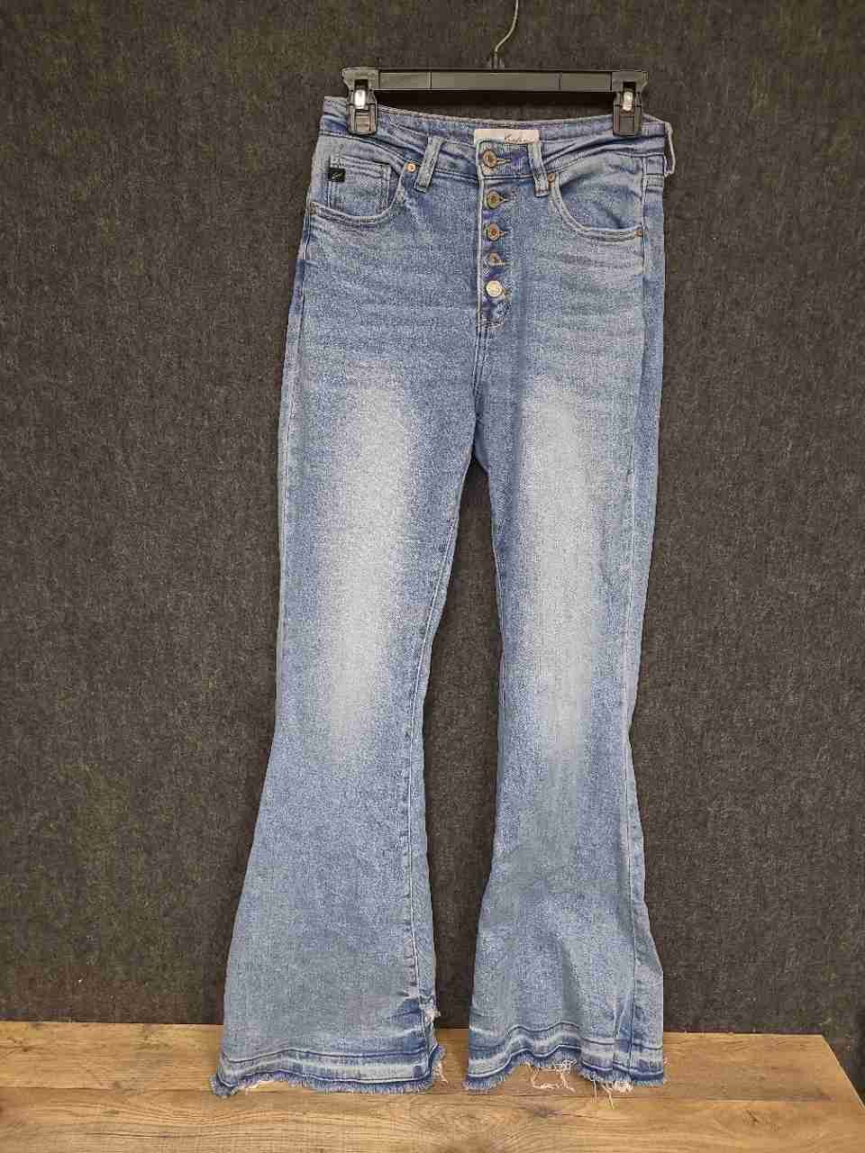 Kancan Women's Light Wash High Rise Button Fly Flare Raw Hem Jeans Size 7/27