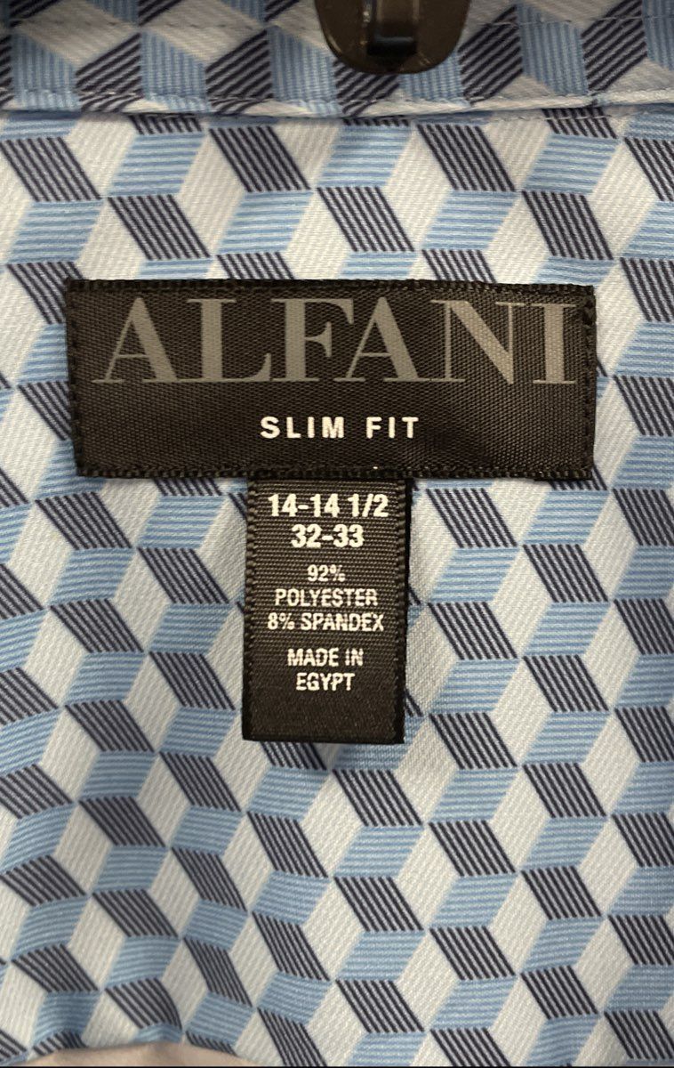 Alfani Men's Slim Fit Geometric Cube Print Shirt Blue White NWT Sz 14 14.5 32/33
