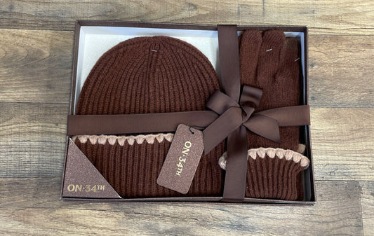 On 34th Women's Beanie & Gloves Gift Set Brown Ribbed Knit 2-Piece Winter NWT