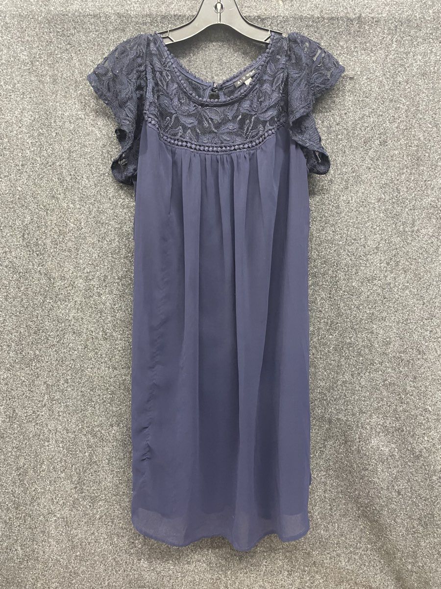 As U Wish Women's Navy Blue Lace Yoke Pom Pom Trim Flutter Sleeve Dress Sz 2X