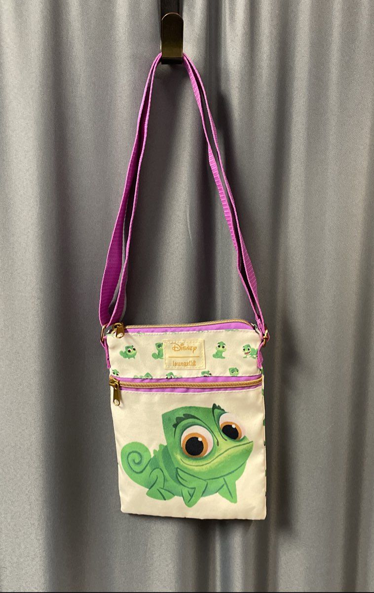 Disney Loungefly Tangled Pascal Passport Crossbody Bag White Purple Canvas