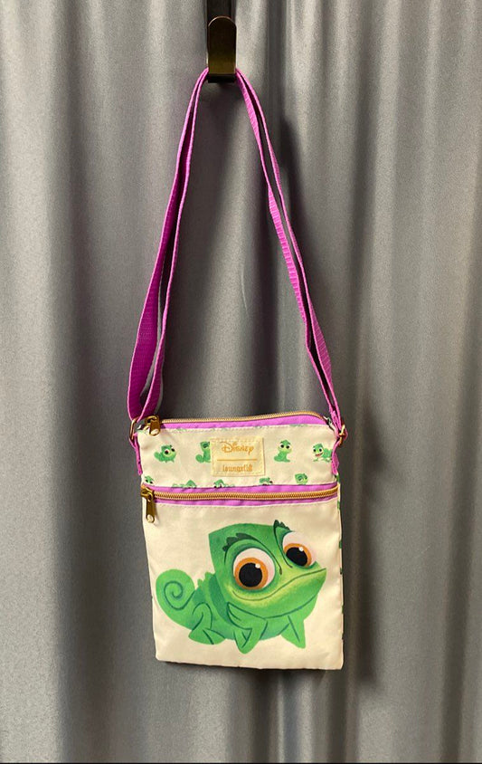 Disney Loungefly Tangled Pascal Passport Crossbody Bag White Purple Canvas