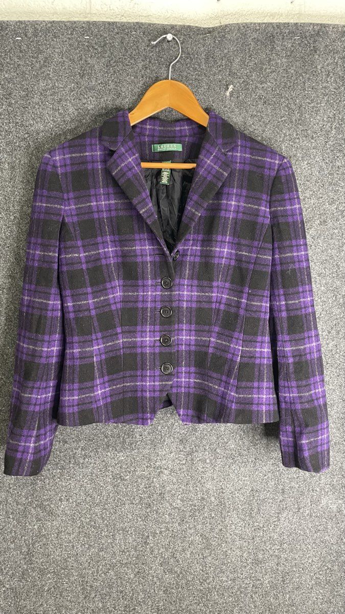 Lauren Ralph Lauren Women's Purple Black Plaid Wool Blend Blazer Jacket Sz 10