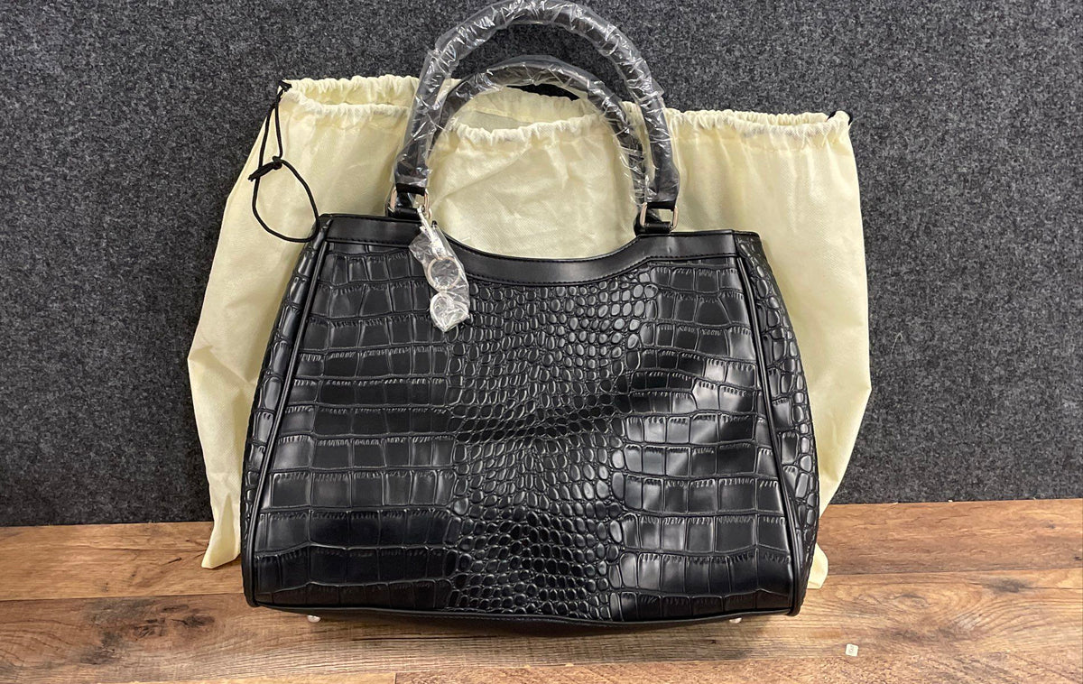 Davis & Towne Black Croc Embossed Satchel Handbag New with Dust Bag