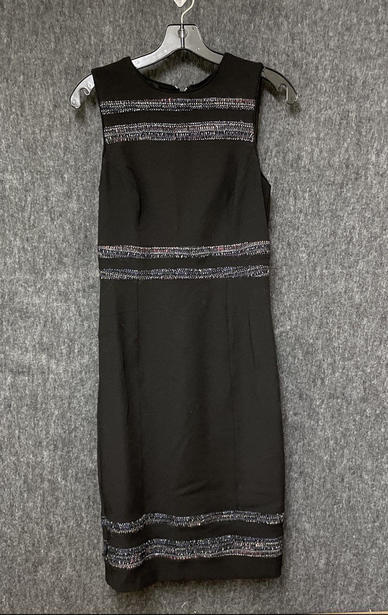 White House Black Market Women's Black Striped Tweed Trim Sheath Dress Sz 4
