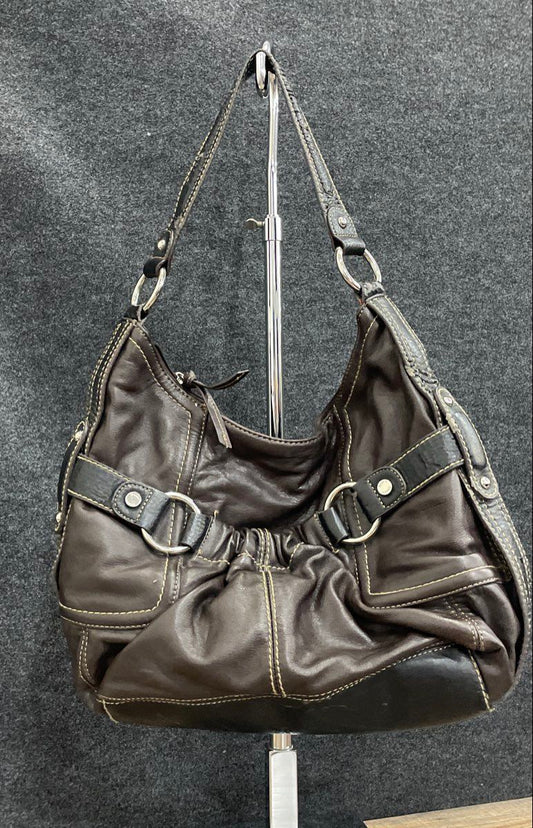 Tignanello Dark Brown Leather Hobo Shoulder Bag Floral Lining Silver Hardware