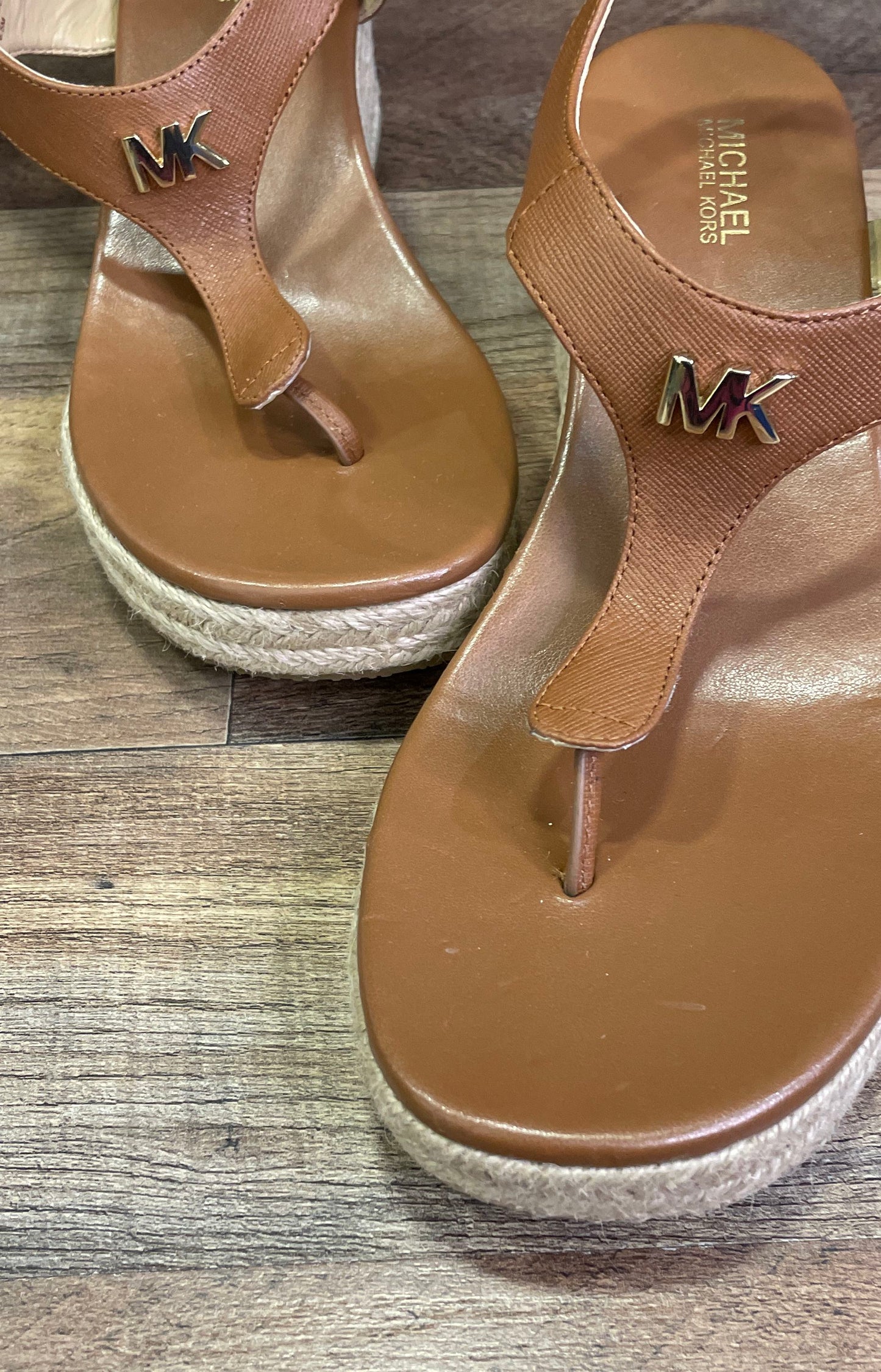 Michael Kors Kendrick Luggage Brown Leather Espadrille Wedge Sandals Size 6.5M
