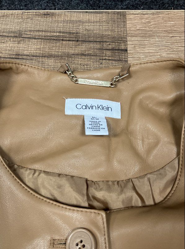 Calvin Klein Women's Tan Faux Leather Collarless Button Front Jacket Sz M