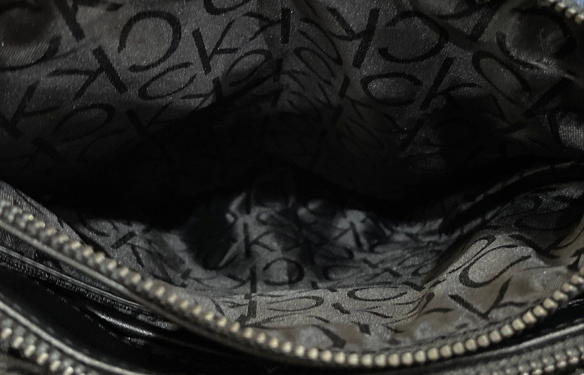 Calvin Klein Blue Monogram Fabric Satchel Crossbody Bag CK Logo Gold Hardware
