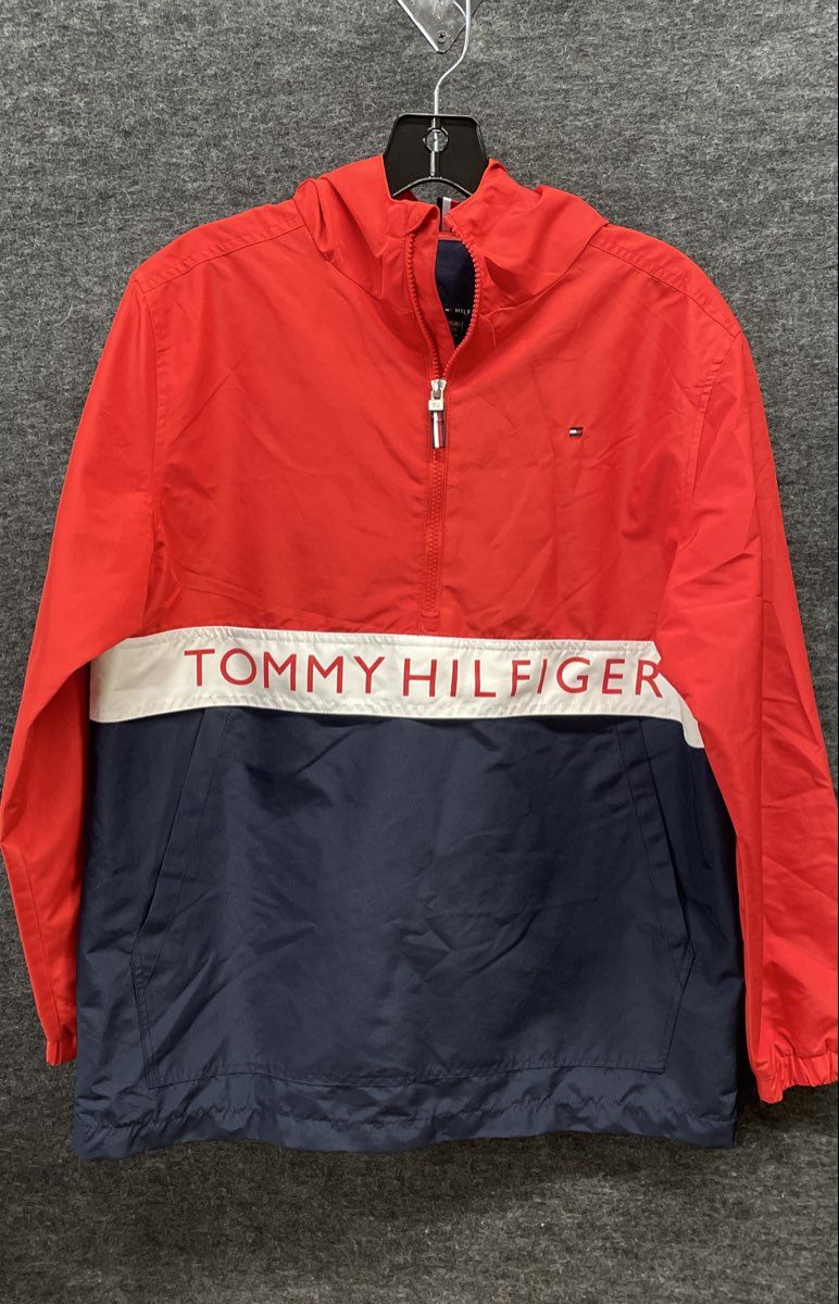 Tommy Hilfiger Boys Red Blue Colorblock Half Zip Hooded Windbreaker Jacket Sz XL