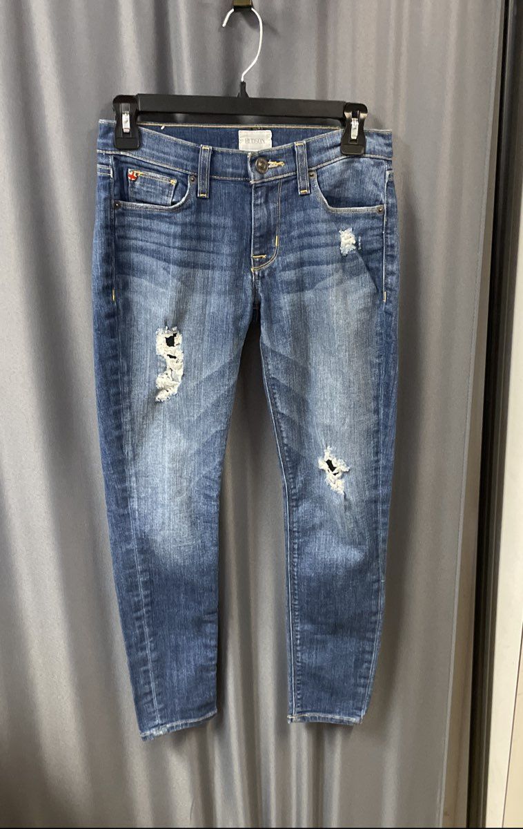 Hudson Women's Blue Krista Super Skinny Crop Distressed Ripped Jeans Sz 25