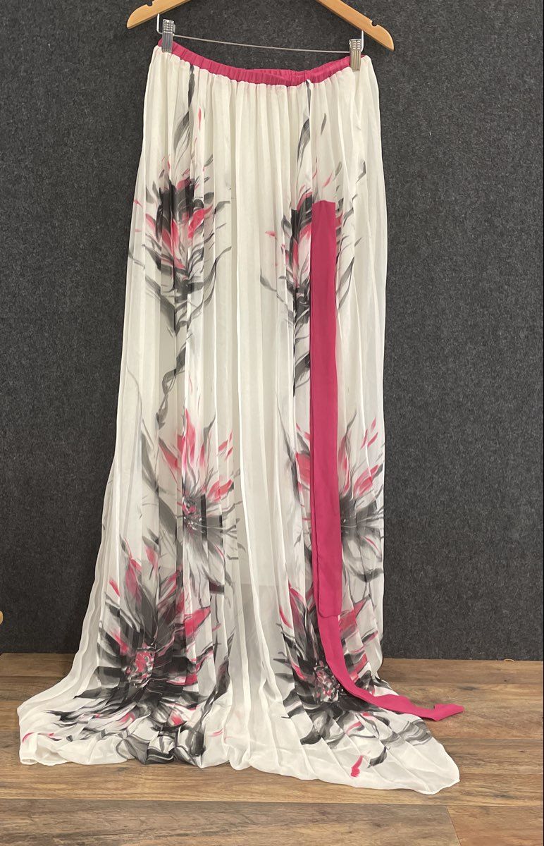 Amazon Collection Women's Pleated Maxi Skirt White Pink Floral Tie Waist Sz 38