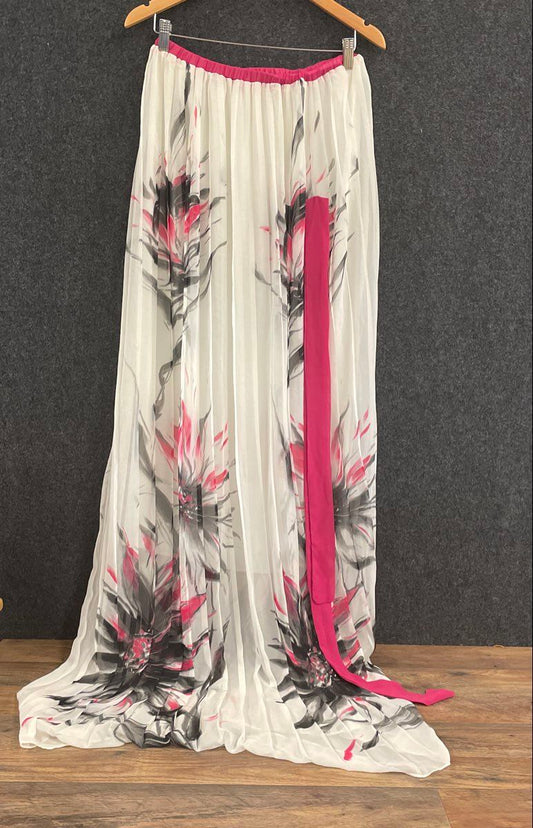 Amazon Collection Women's Pleated Maxi Skirt White Pink Floral Tie Waist Sz 38