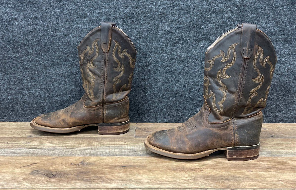 Old West Dark Brown Leather Square Toe Western Cowboy Boots Kids Size 2