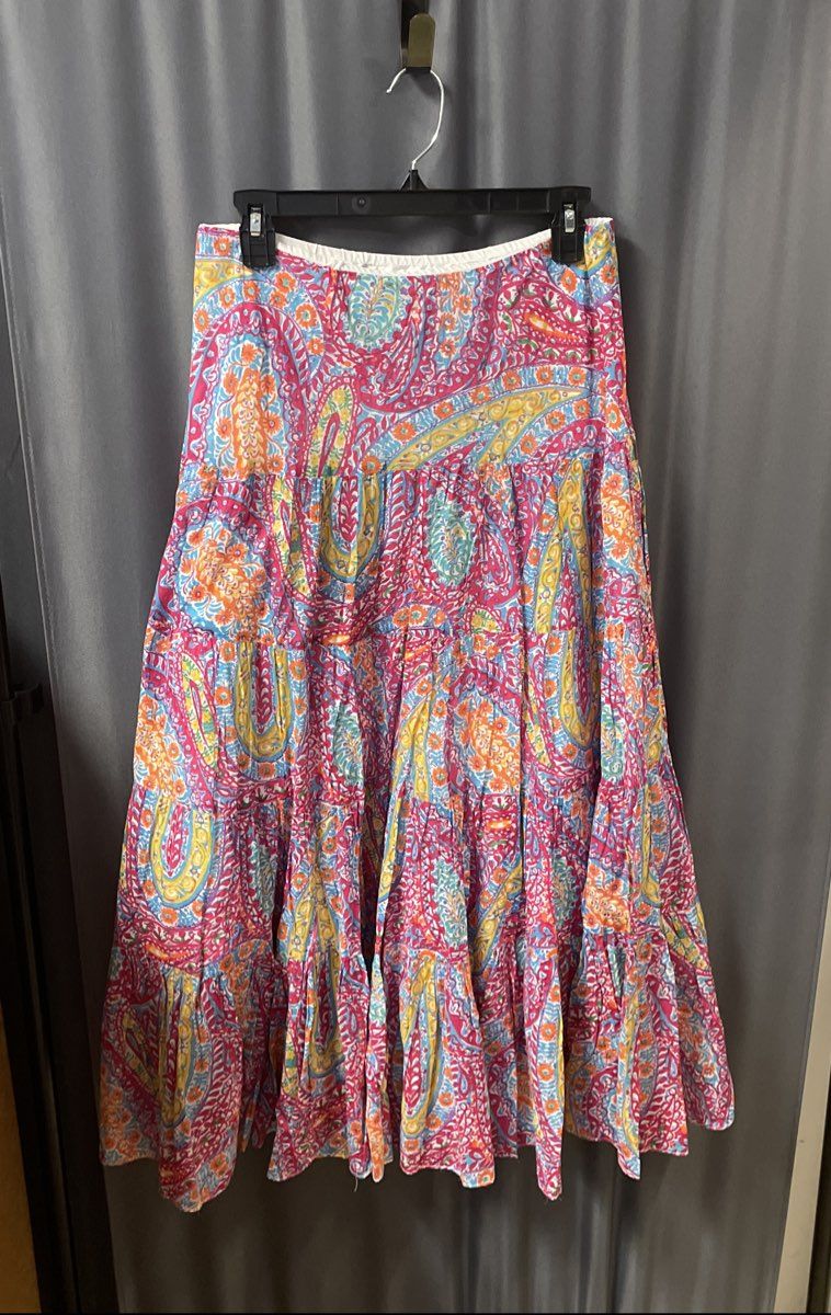 Lauren Ralph Lauren Women's Pink Paisley Floral Tiered Cotton Maxi Skirt Sz S