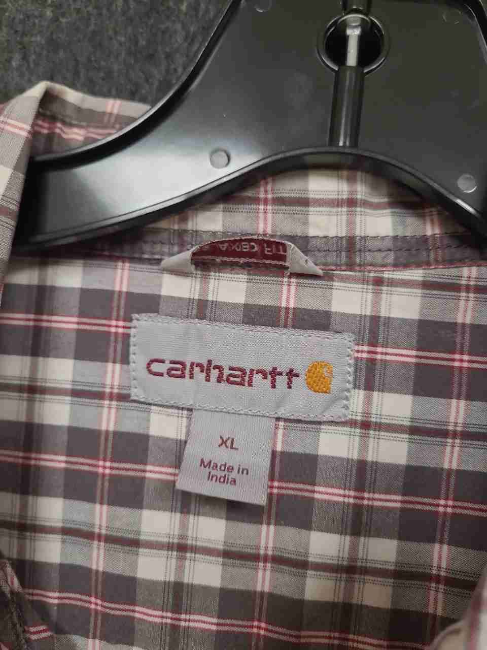 Carhartt Men's Short Sleeve Button Down Shirt Gray Red Plaid Workwear Sz XL