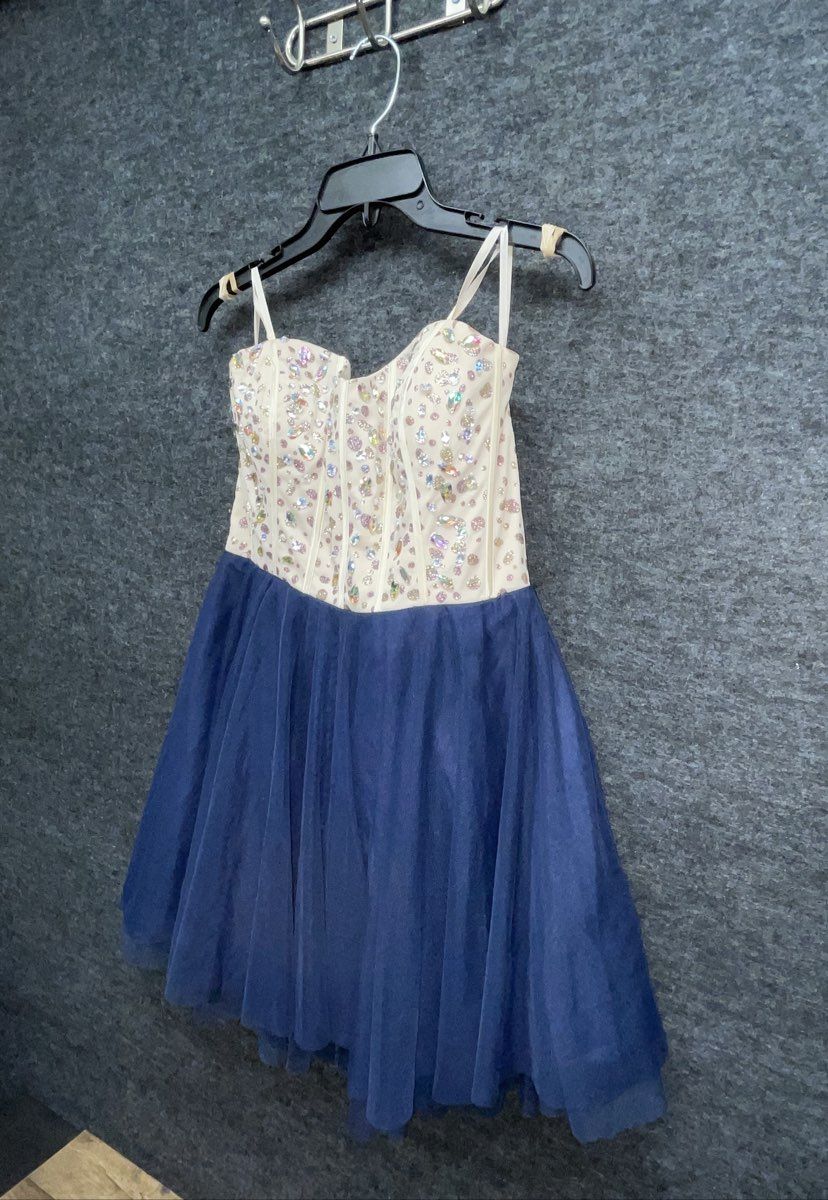 Women's Navy Blue Tulle Homecoming Dress Rhinestone Beaded Corset Bodice Sz M
