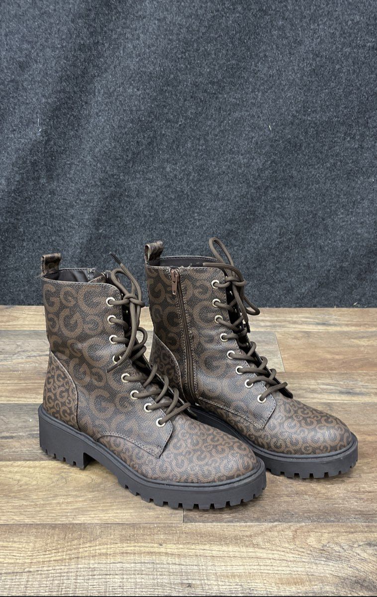 GBG Los Angeles Raven Brown Monogram G Logo Combat Boots Women's Size 7.5