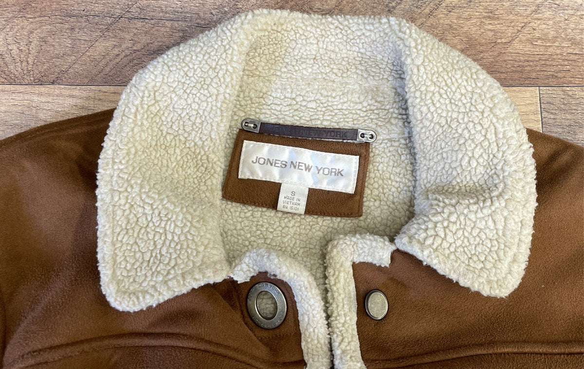 Jones New York Women's Brown Faux Suede Sherpa Shearling Lined Jacket Sz S