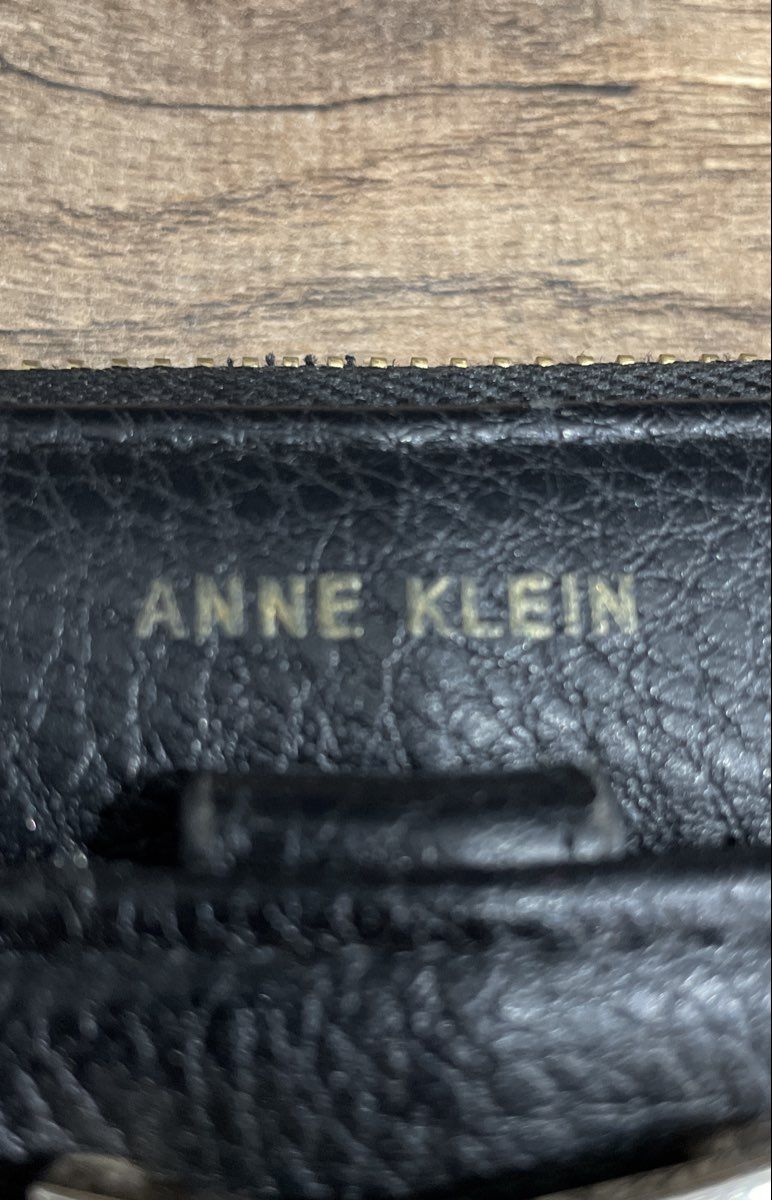 Anne Klein Black Leather Zip Around Wristlet Wallet Gold Tone Bow Accent