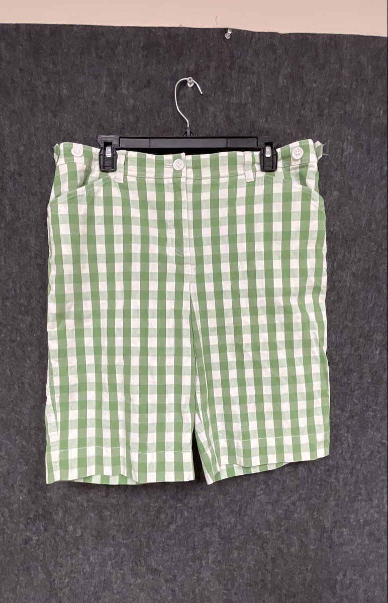 Jones New York Sport Women's Green White Gingham Check Stretch Shorts Sz 14