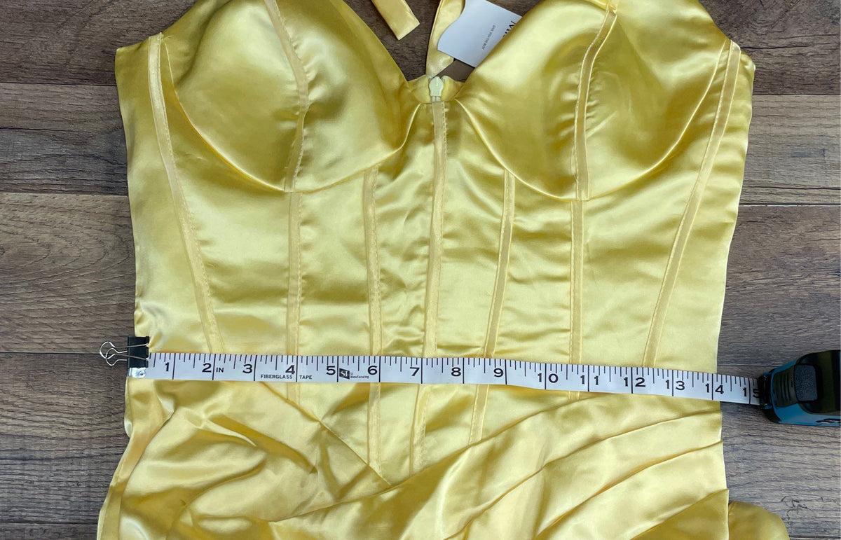 Missacc Women's Yellow Satin Halter Corset Draped Slit Maxi Dress NWT