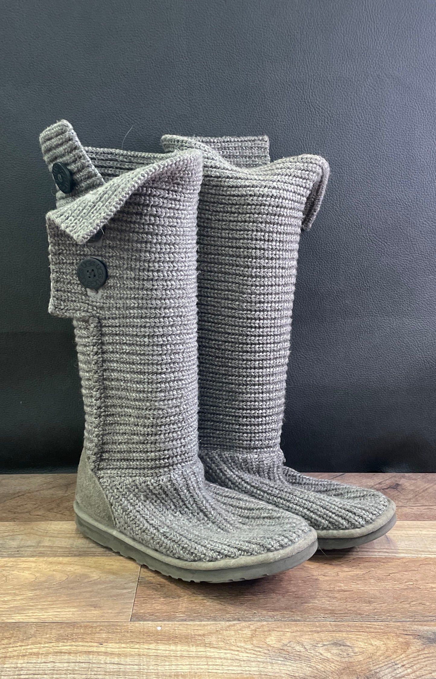 UGG Australia Classic Cardy Grey Knit Three Button Tall Boots Women's Size 9