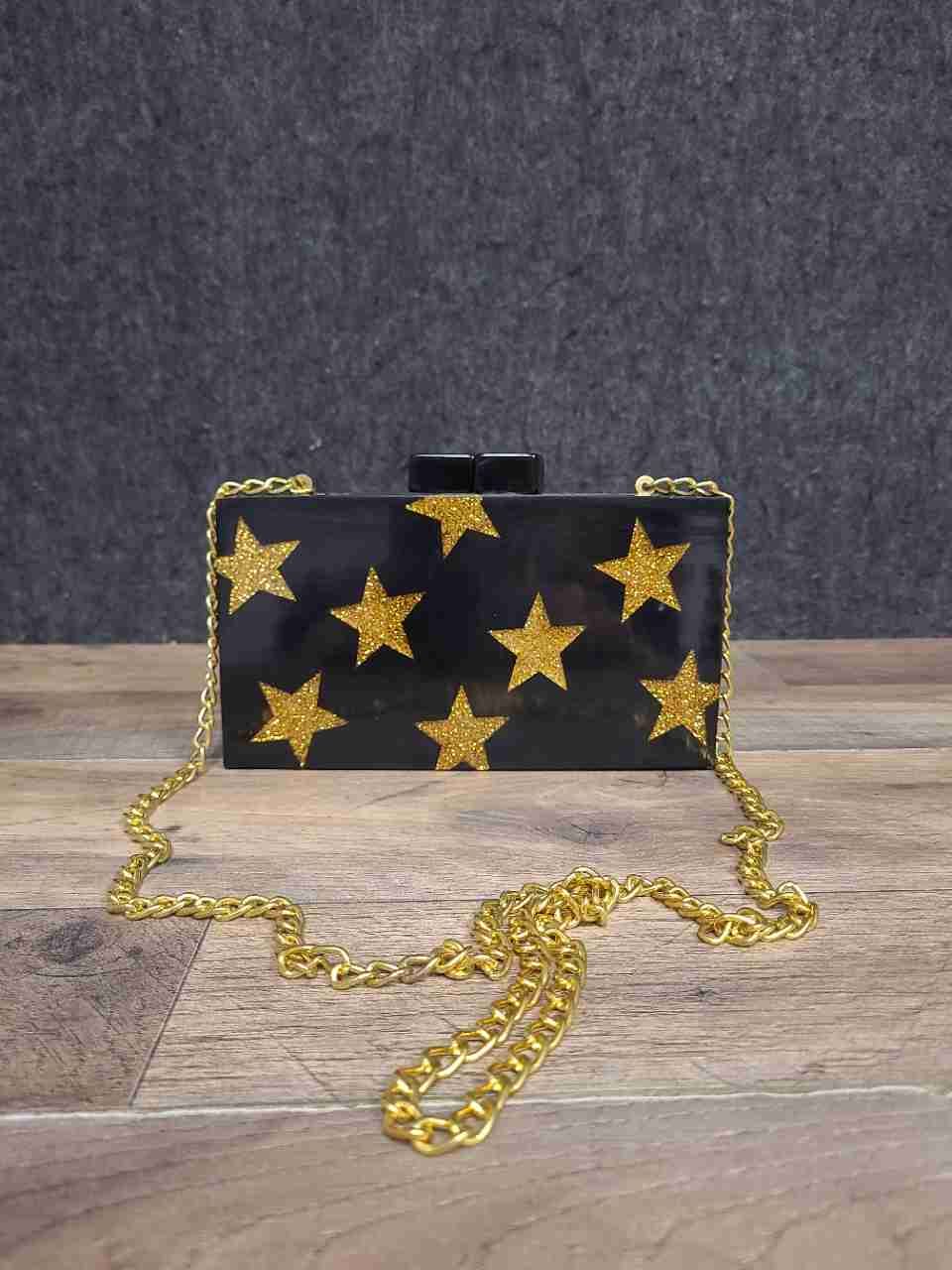 Lulu Black Acrylic Gold Glitter Star Lu Lu Box Clutch Crossbody Bag