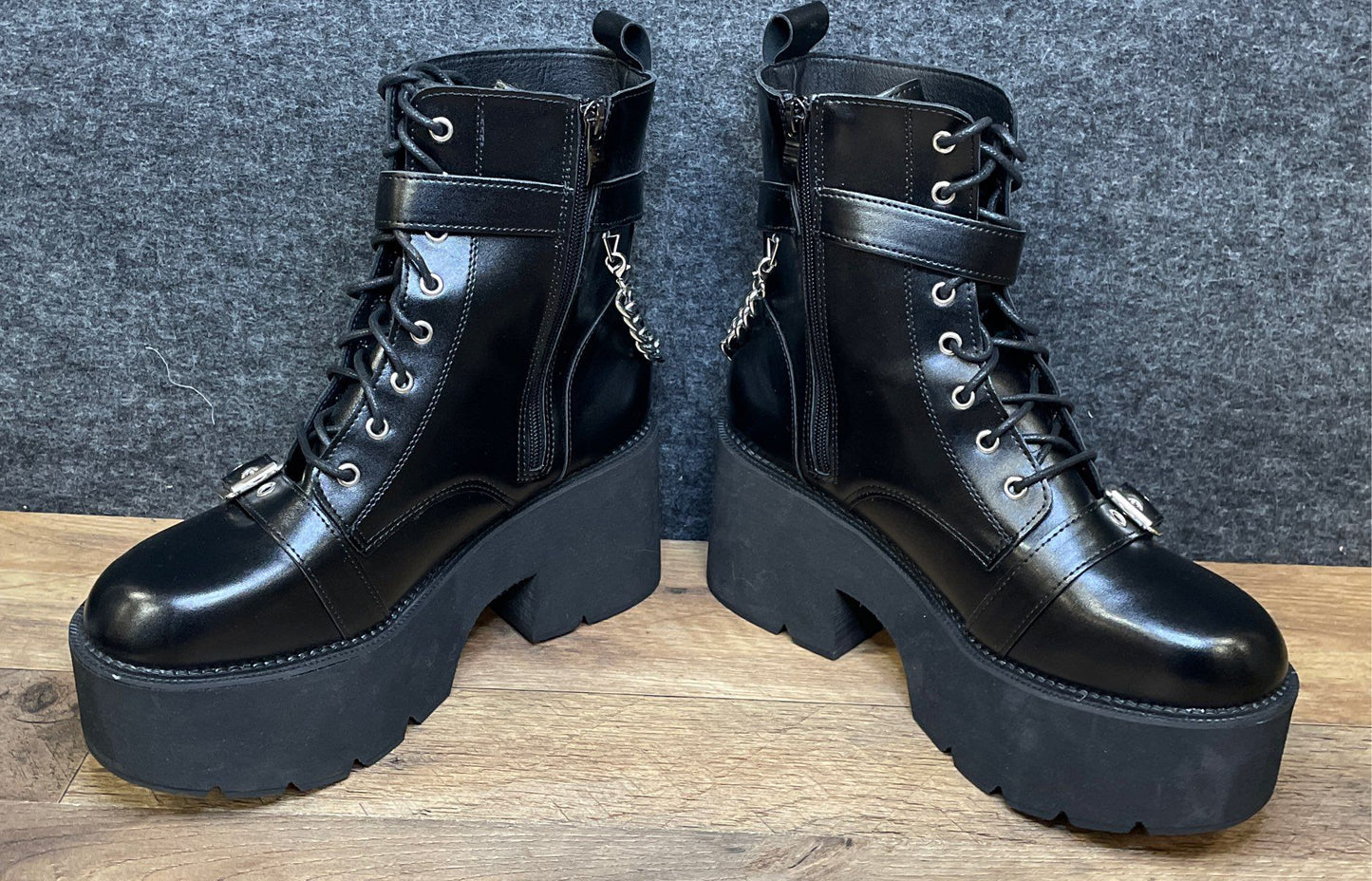 Black Platform Combat Boots Kids Girls Youth Chain Buckle Goth Punk Size Kids