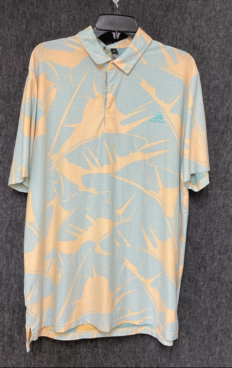 Adidas Men's Vibes Print Teal Peach Tropical Leaf Performance Polo Shirt Sz XL