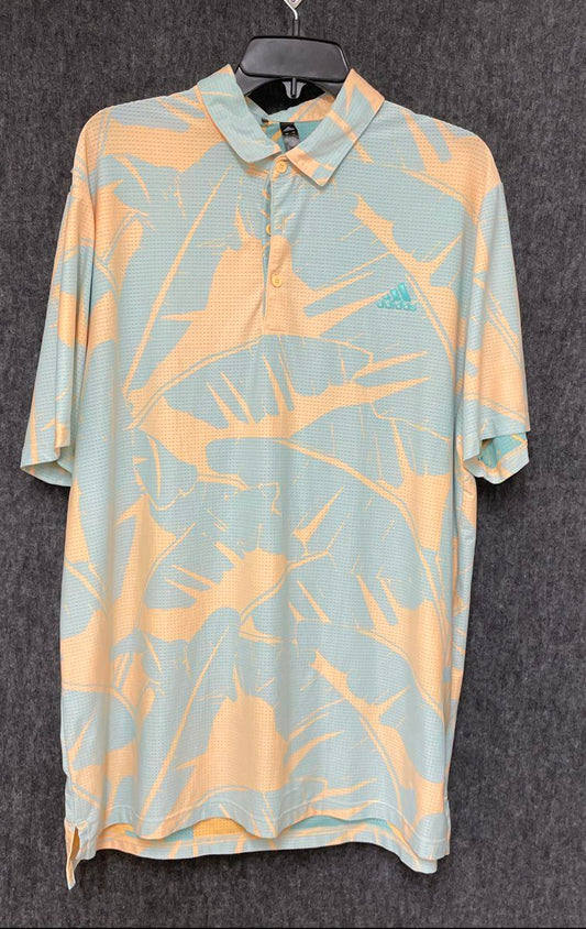 Adidas Men's Vibes Print Teal Peach Tropical Leaf Performance Polo Shirt Sz XL