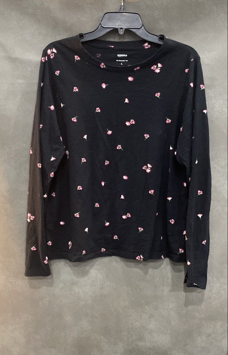 Sonoma Women's Black Pink Floral Everyday Tee Long Sleeve Cotton Shirt Sz L