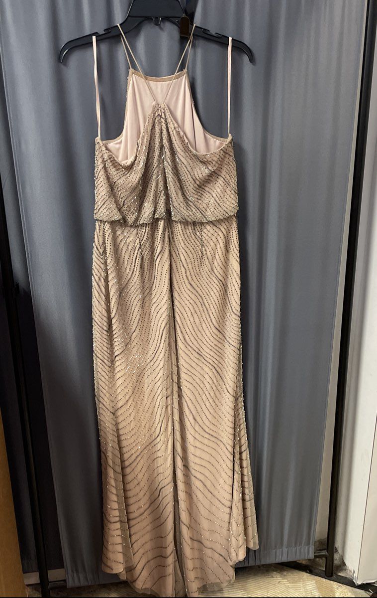Adrianna Pappel Women's Tan Champagne Beaded Sequined Halter Gown Dress Sz 14P