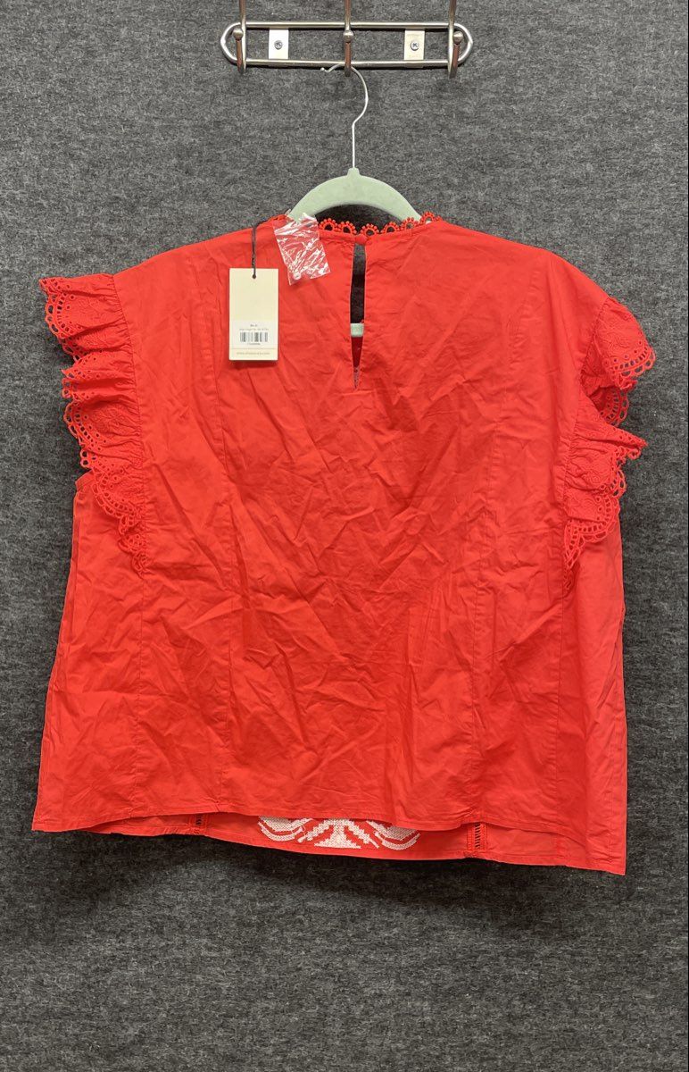 Falo Women's Red Imogen Top Embroidered Eyelet Ruffle Sleeve Blouse NWT Sz L