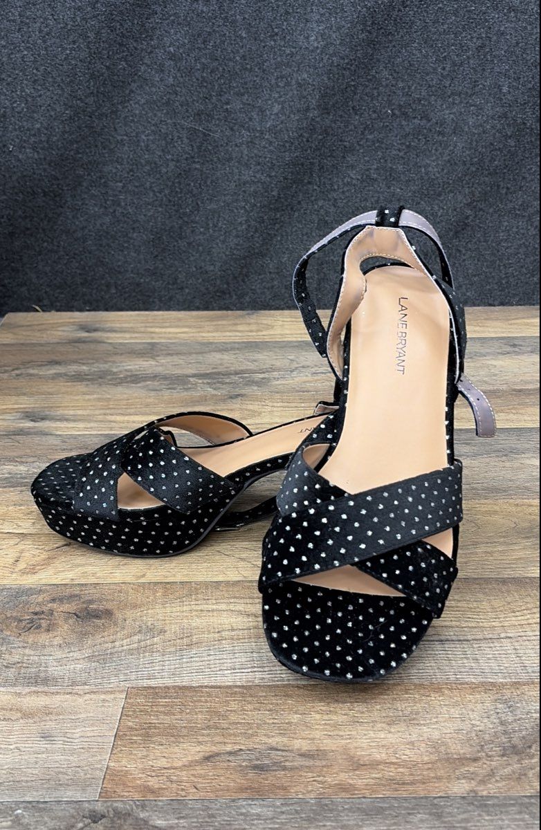 Lane Bryant Black Silver Sparkle Polka Dot Platform Block Heel Sandals Size 10W