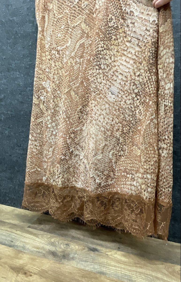 Soft Surroundings Women's Tan Snakeskin Print Lace Trim Maxi Slip Dress Size L