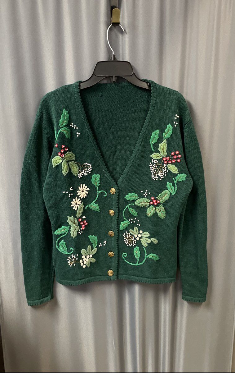 Vintage 90s The Limited Women's Green Embroidered Beaded Holiday Cardigan Sz M/L