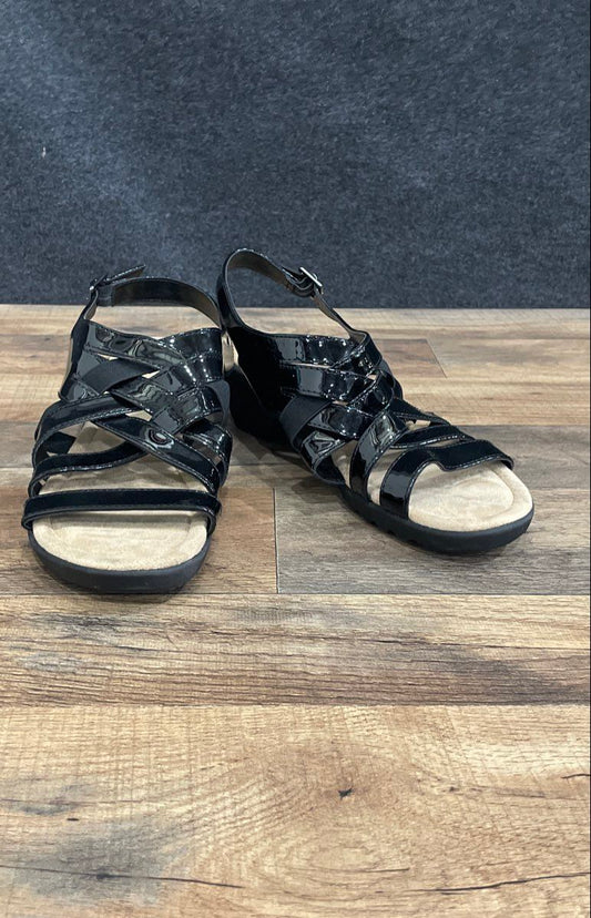 east 5th Hickery Black Patent Strappy Low Wedge Sandals Women's Size 9M