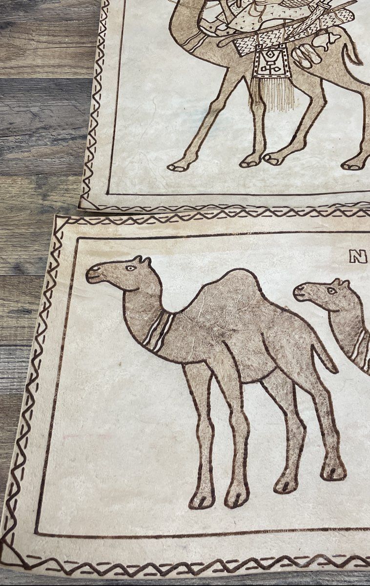 Vintage Lot of 2 Niger African Tooled Leather Art Camel Tuareg Wall Hanging