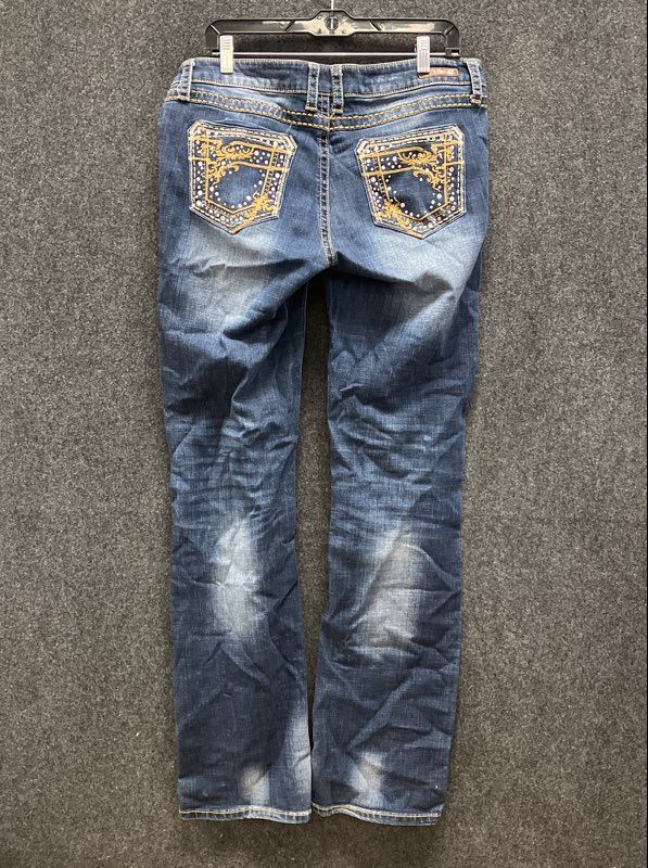 Wrangler Rock 47 Women's Blue Embellished Ultra Low Rise Bootcut Jeans Sz 31x34