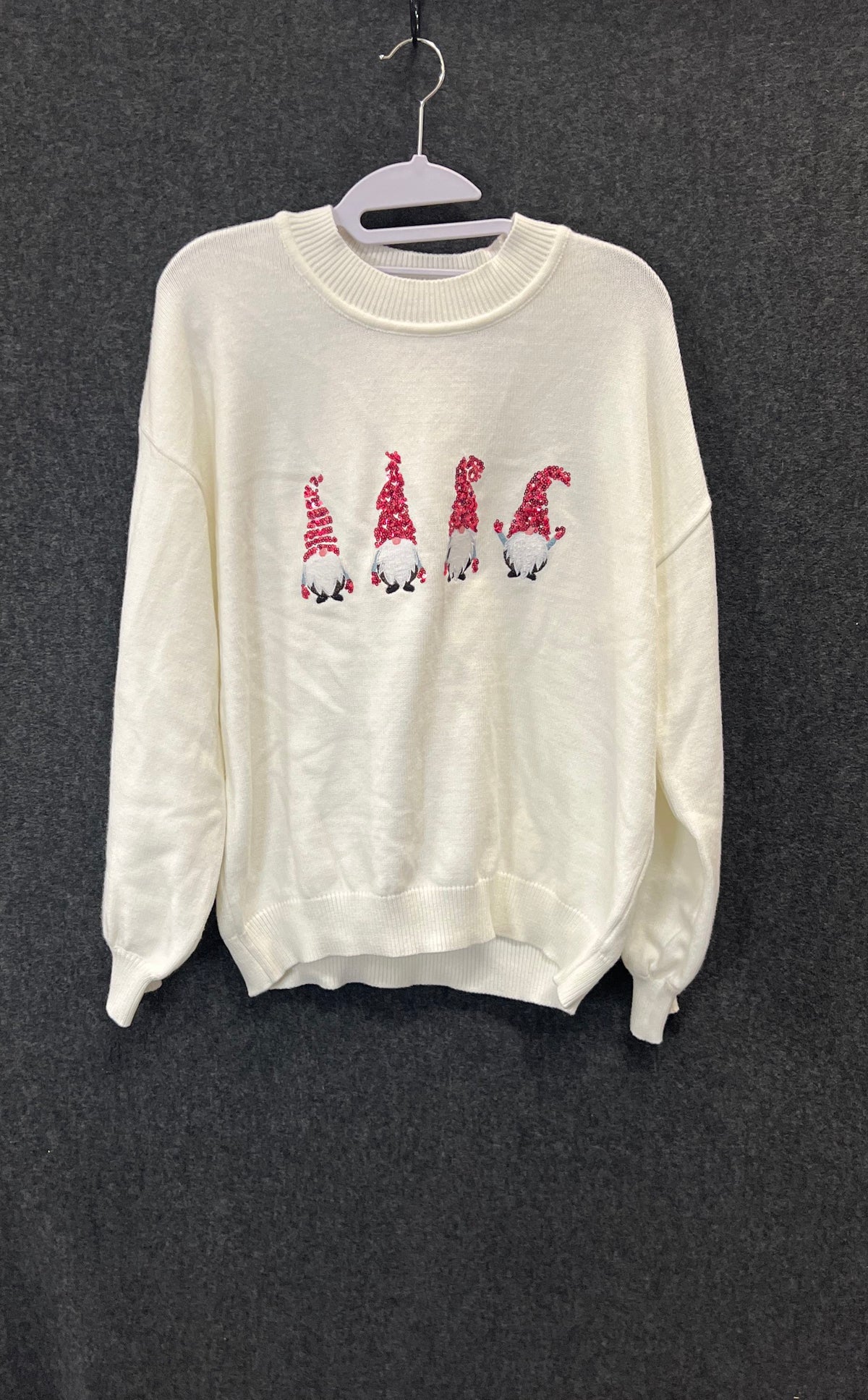 WHY DRESS Women's White Sequin Gnome Graphic Crewneck Sweater NWT Sz M