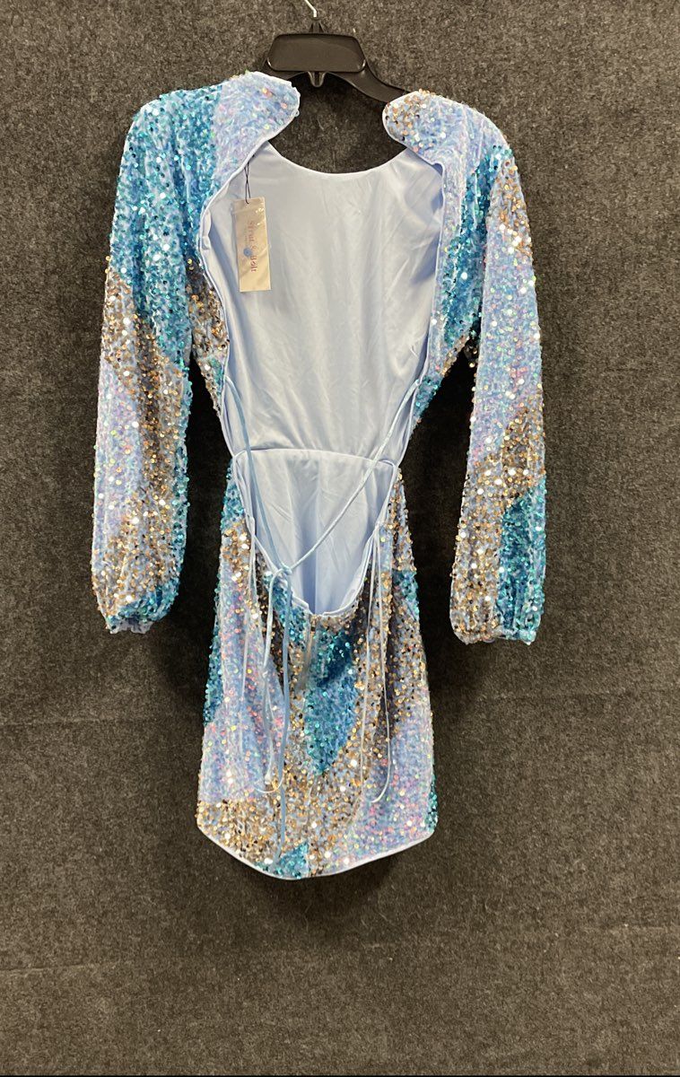 Strut & Bolt Women's Blue Gold Sequin Open Back Mini Dress Long Sleeve Sz S NWT