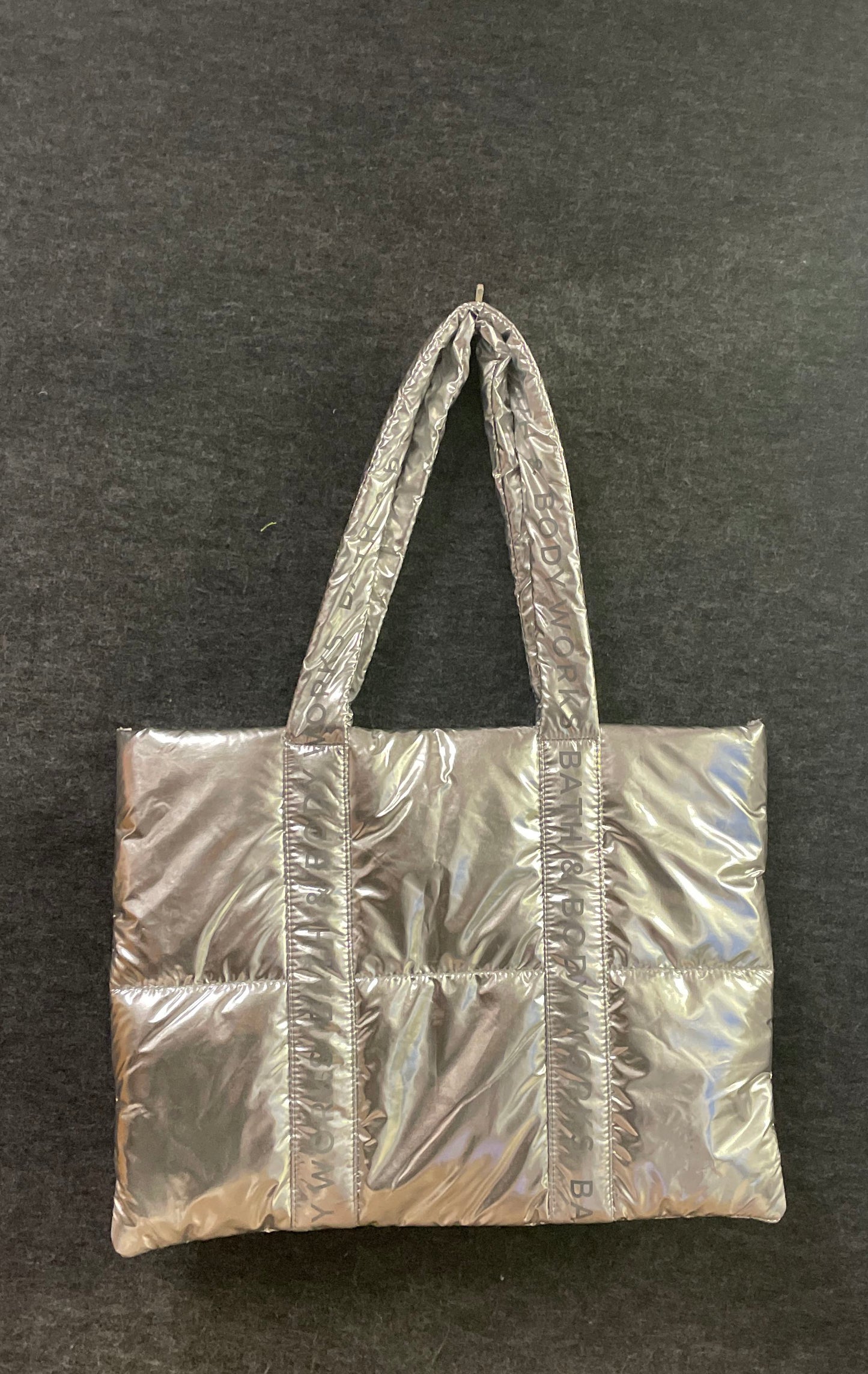 Bath & Body Works Silver Metallic Quilted Puffer Tote Handbag NWT