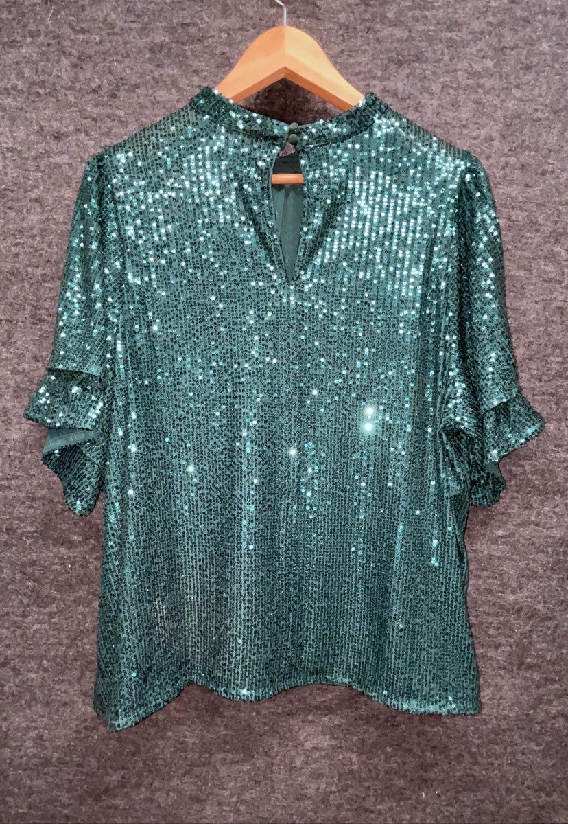 Joe Browns Women's Green Sequin Mock Neck Blouse Tiered Ruffle Sleeve Sz M NWT