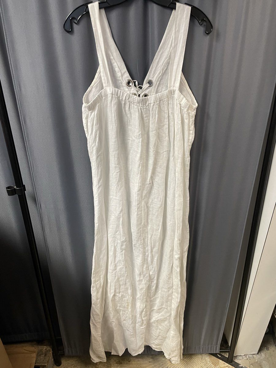 Laura Gotti Women's White 100% Linen Lace-Up Maxi Dress Made in Italy Sz M