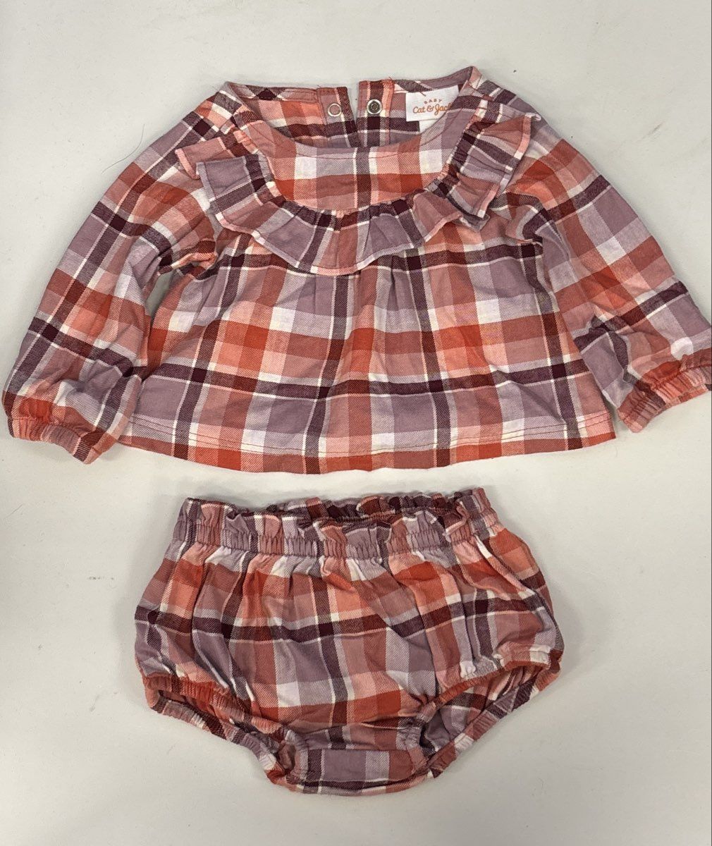 Cat & Jack Baby Girls Plaid Ruffle Blouse and Bloomer Diaper Cover Set Sz NB