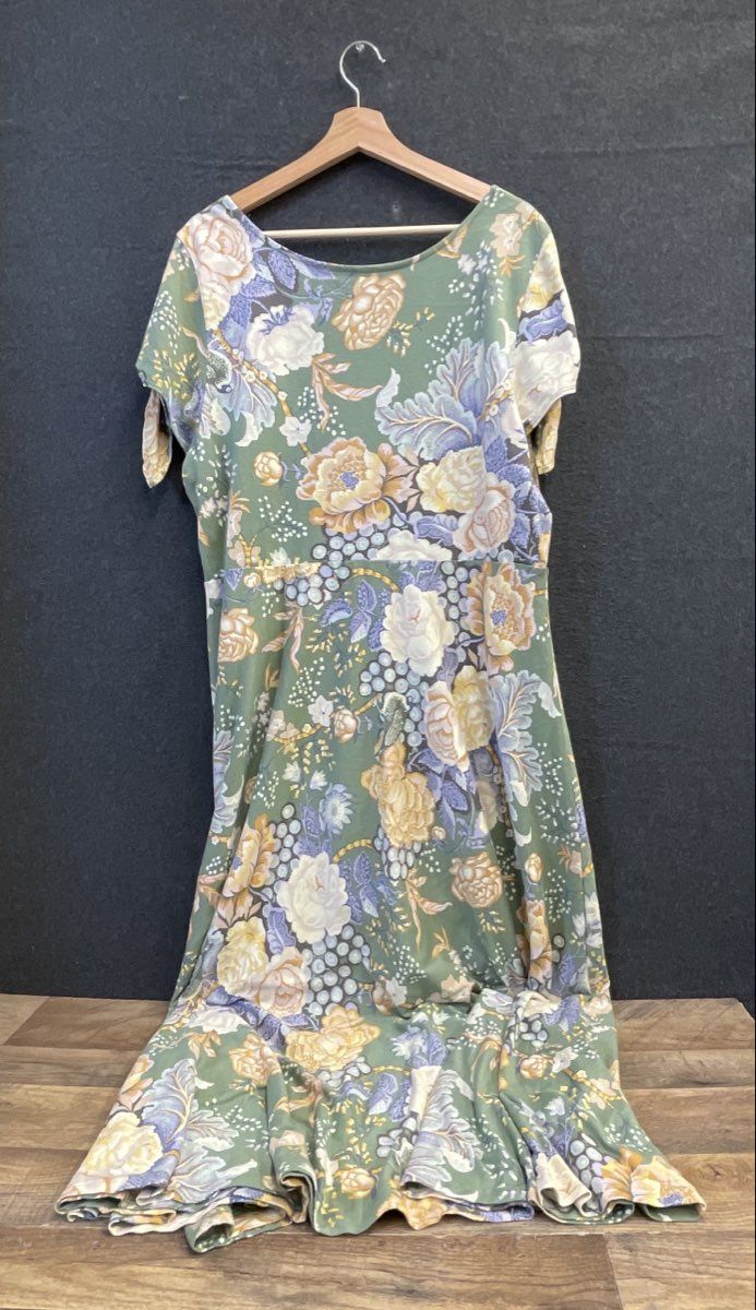 Chaps Women's Green Floral Cotton Scoop Neck Tie Sleeve Maxi Dress Sz XXL