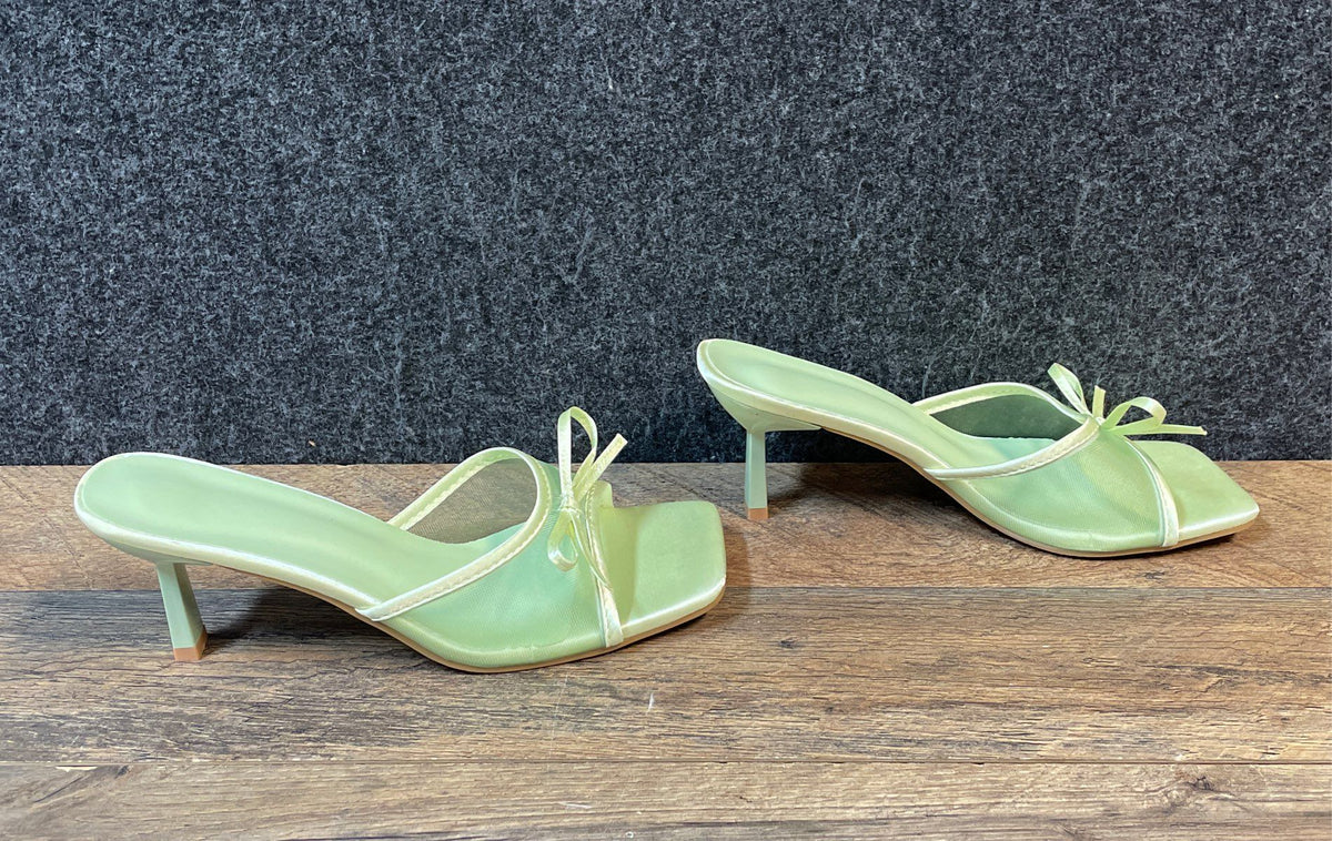 Mint Green Satin Mesh Bow Square Toe Slide Sandals Mules Women's Size 40