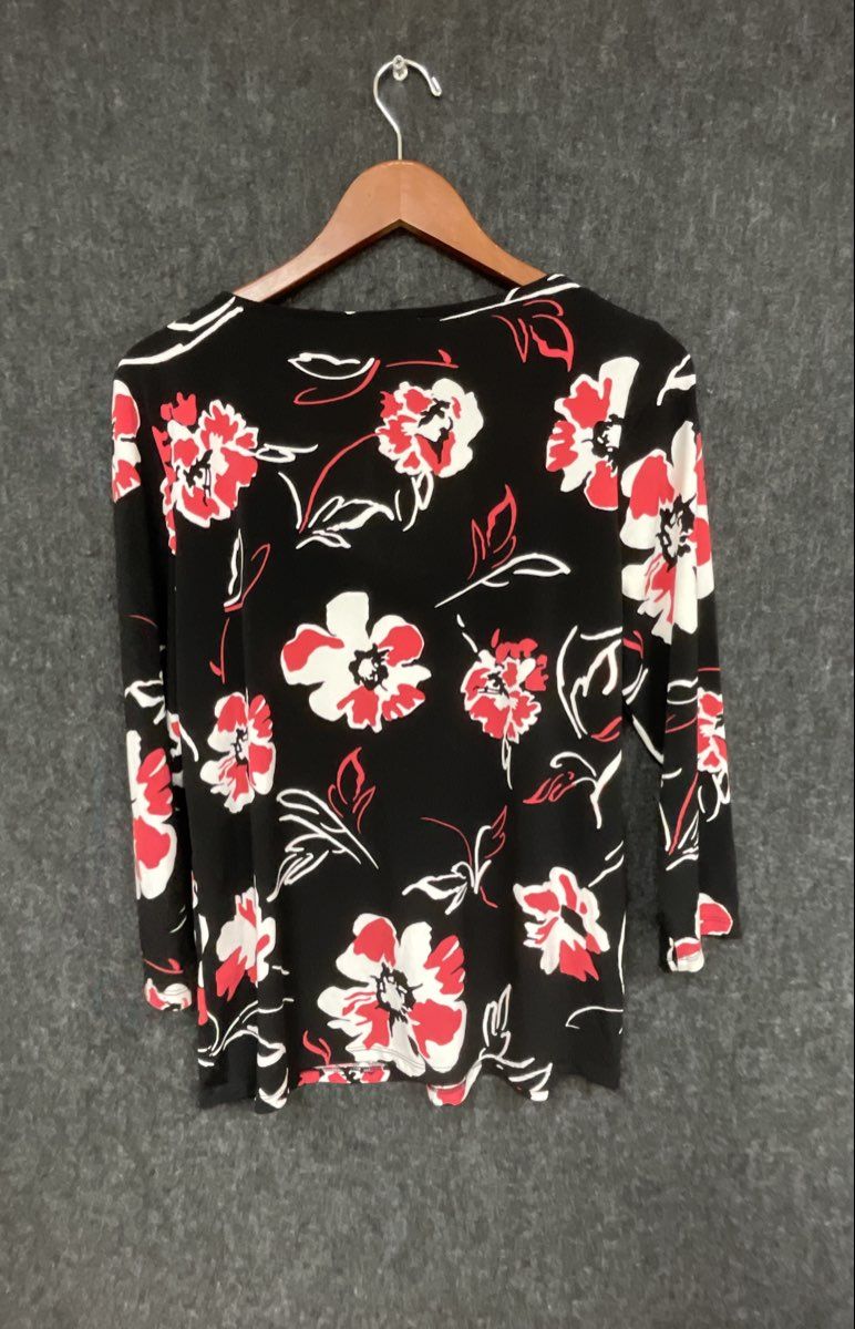 Calvin Klein Women's Floral Print Keyhole Blouse Black Red White NWT Sz M